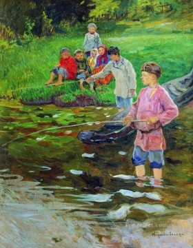 Nikolay Petrovich Bogdanov Belsky Painting - children fishermen Nikolay Bogdanov Belsky
